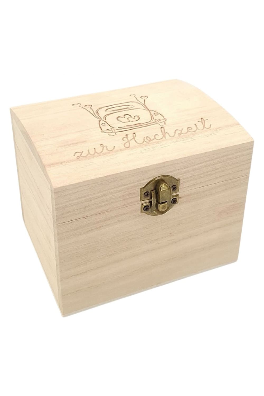 Die Schatzkiste Hochzeit Groesse M ist eine schoene Holztruhe mit Gravur „Zur Hochzeit“. Ideal fuer Geldgeschenke, Gutscheine und kleine Ueberraschungen.