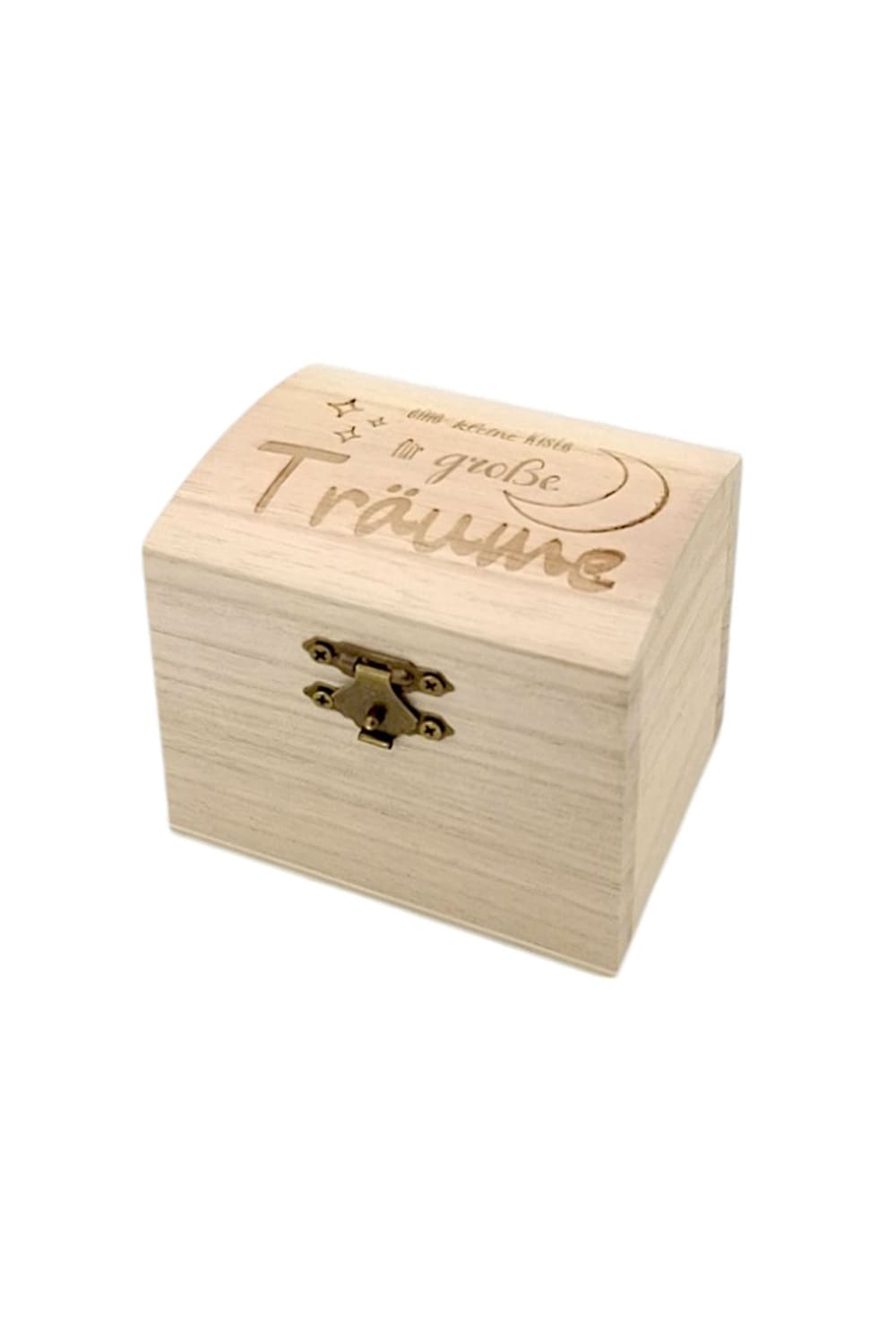 Die Schatzkiste Traeume Groesse S ist eine schoene Holztruhe mit der Gravur „Eine kleine Kiste fuer grosse Traeume“. Ideal fuer kleine Ueberraschungen.