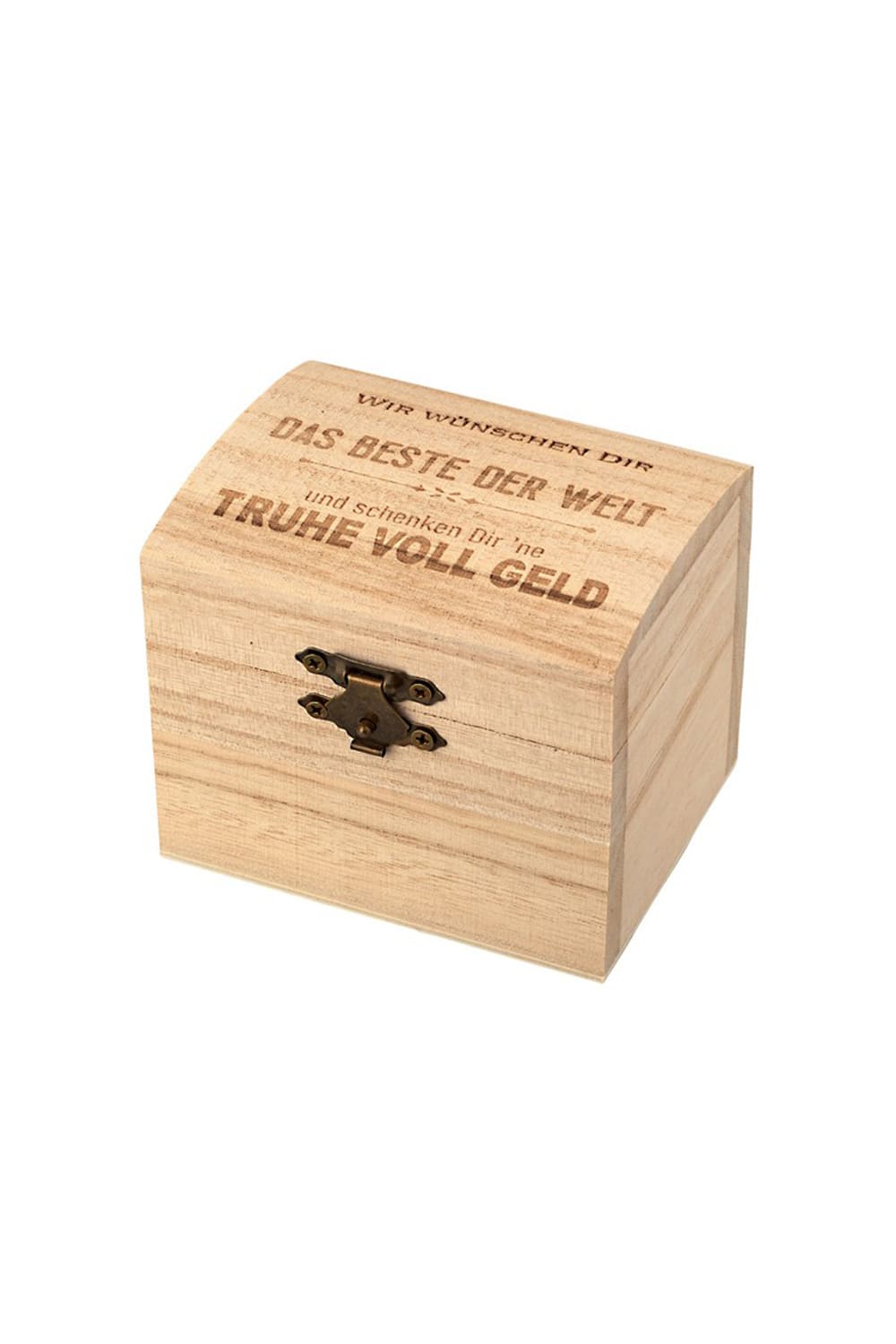 Die Schatzkiste Groesse S ist eine schoene Holztruhe mit der Gravur „Wir wuenschen Dir das Beste der Welt und schenken Dir 'ne Truhe voll Geld“.