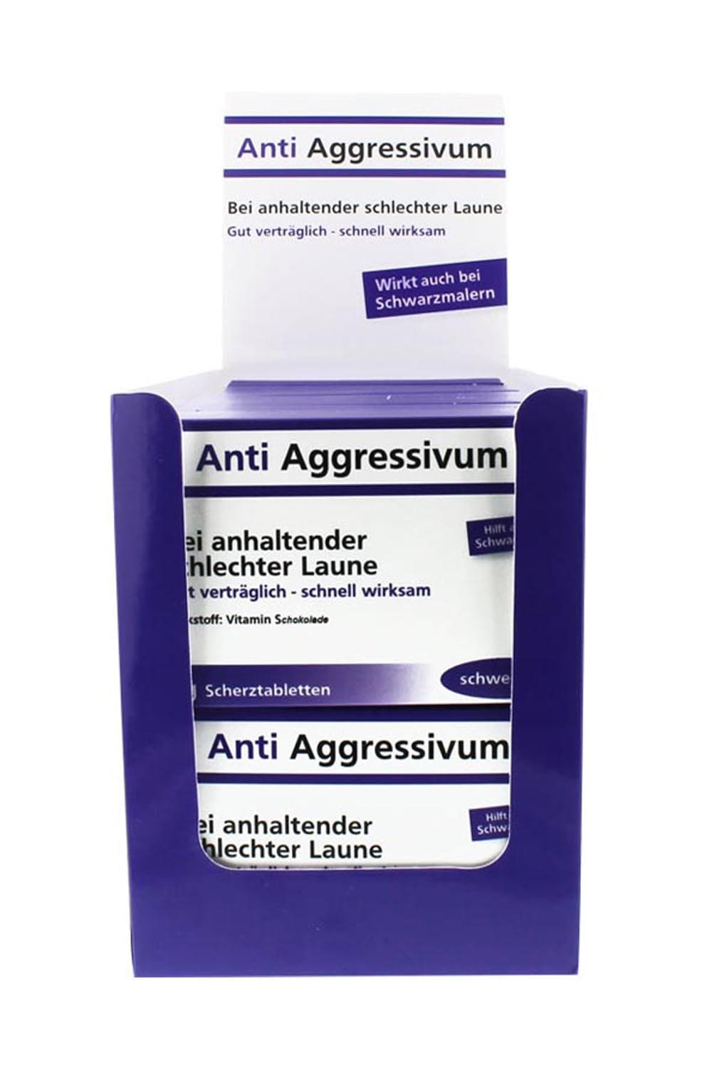 Anti Aggressivum Scherztabletten aus Schokolade mit der Aufschrift: Anti Aggressivum. Wirkstoff: Vitamin Schokolade. Bei anhaltender schlechter Laune. Humor Apotheke!