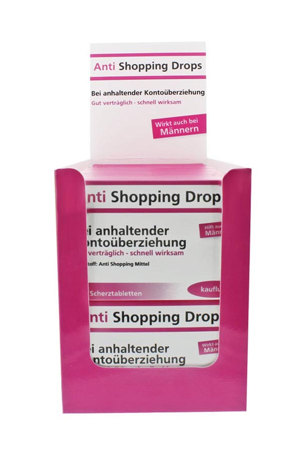 Anti Shopping Drops Scherztabletten aus Schokolade mit der Aufschrift: Wirkstoff: Anti Shopping Mittel. Bei anhaltender Kontoueberziehung. Wirkt auch bei Maennern! Humor Apotheke!