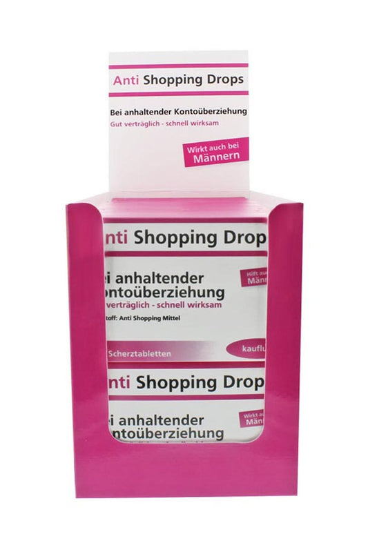 Anti Shopping Drops Scherztabletten aus Schokolade mit der Aufschrift: Wirkstoff: Anti Shopping Mittel. Bei anhaltender Kontoueberziehung. Wirkt auch bei Maennern! Humor Apotheke!