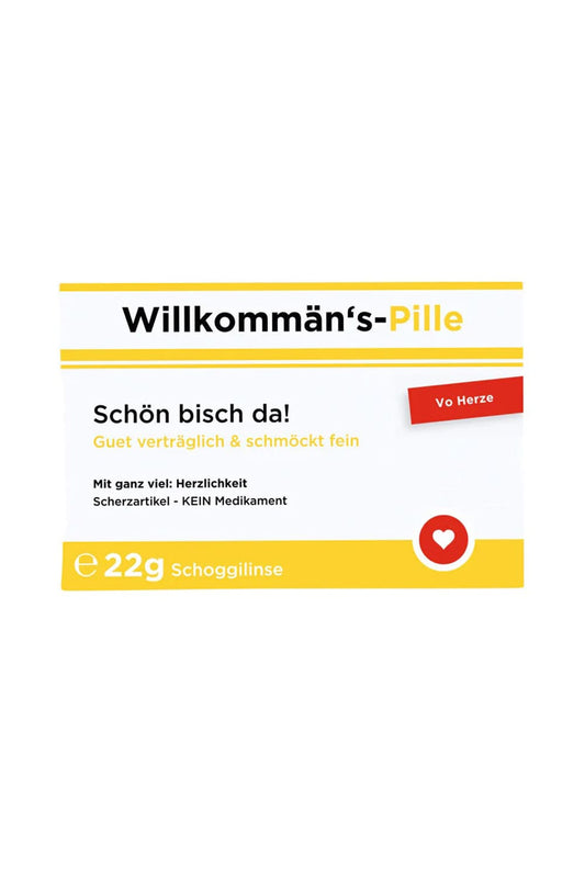 Schokopillen Scherztabletten mit schwiizerdueuetsche Spruechen: Willkommaen's-Pille. Schoen bisch da! Mit ganz viel: Herzlichkeit.