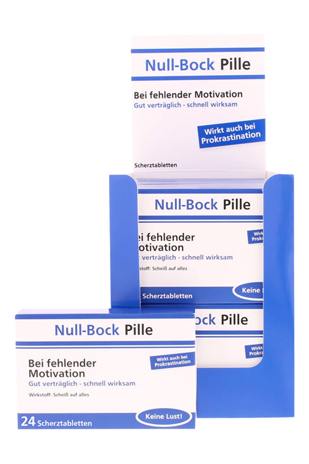 Null bock Scherztabletten aus Schokolade mit der Aufschrift: Null-Bock Pille. Bei fehlender Motivation. Wirkstoff: Scheiss auf alles. Keine Lust! Humor Apotheke!