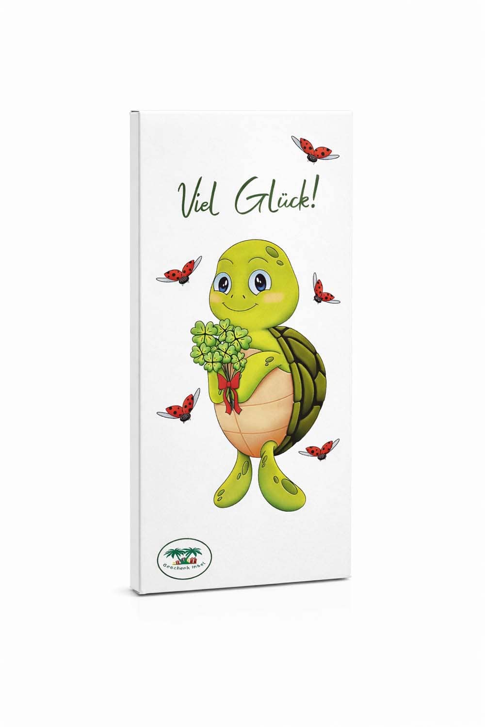 Schweizer Glücksschokolade mit Schildkröte Lia, vierblättrigen Kleeblättern und Spruch „Viel Glück“