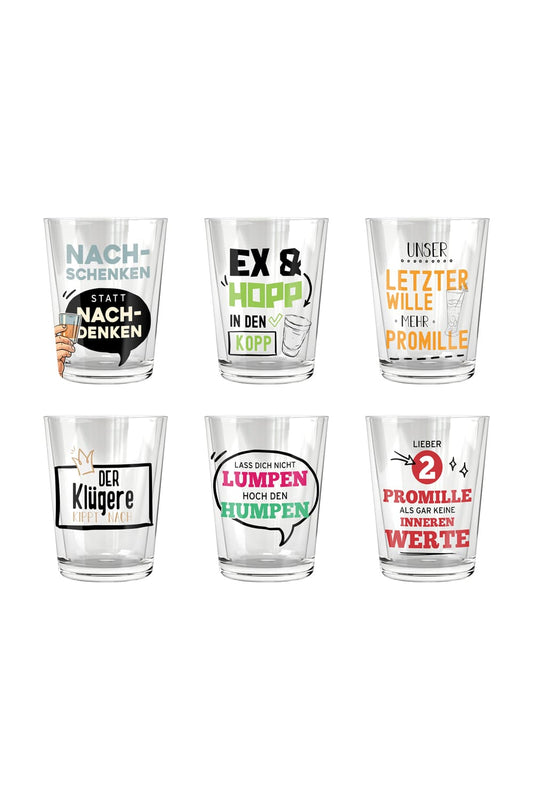 Die witzigen Schnapsglaeser sind mit lustigen Trinkspruechen! Ein lustiges Geschenk fuer alle Schnaps-Liebhaber! Der Preis ist fuer 6 Stk. Schnapsglaeser.