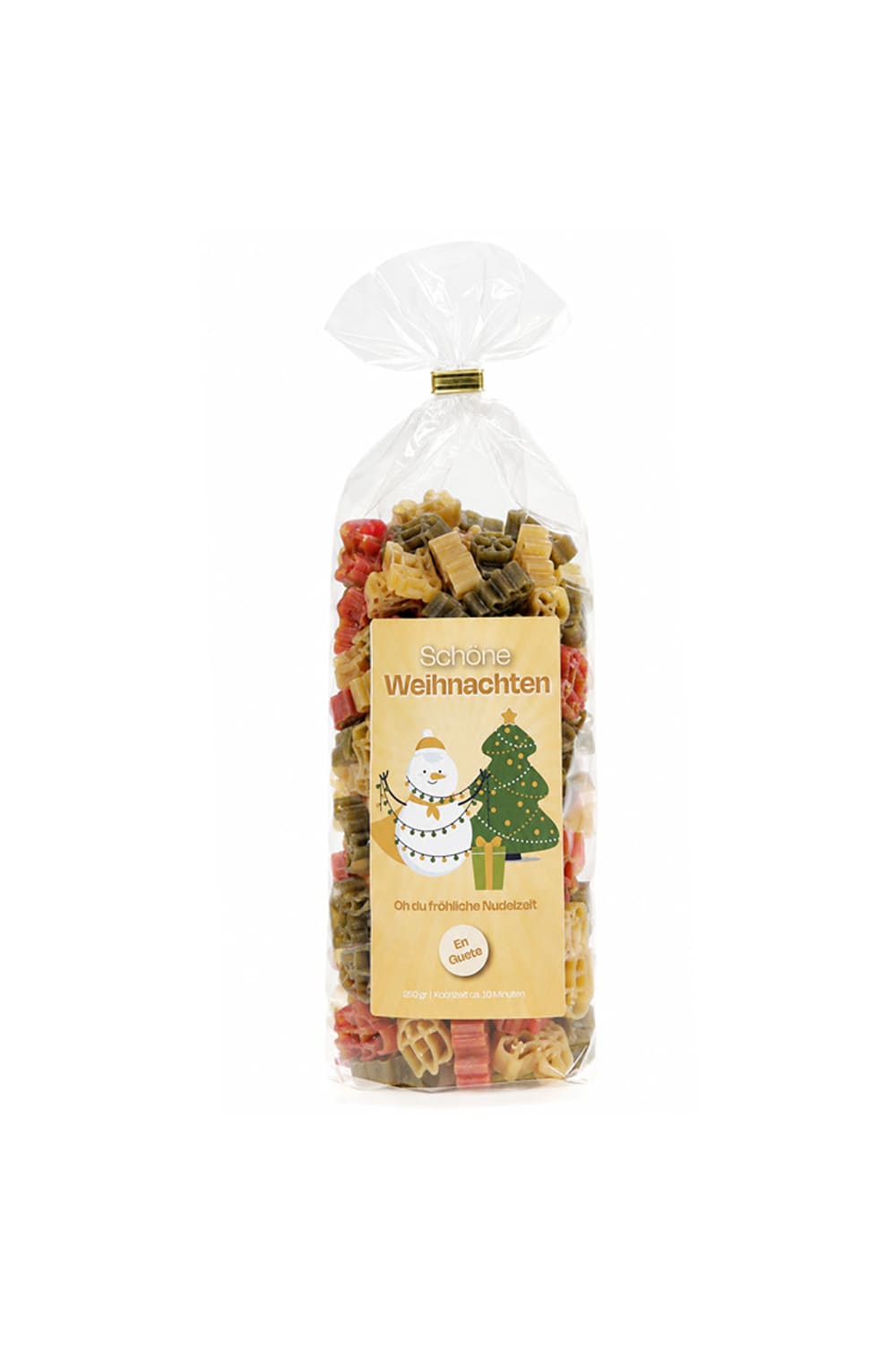 Schoene Weihnachten Pastasaeckli mit bunten Motivnudeln und weihnachtlichem Schneemann-Motiv