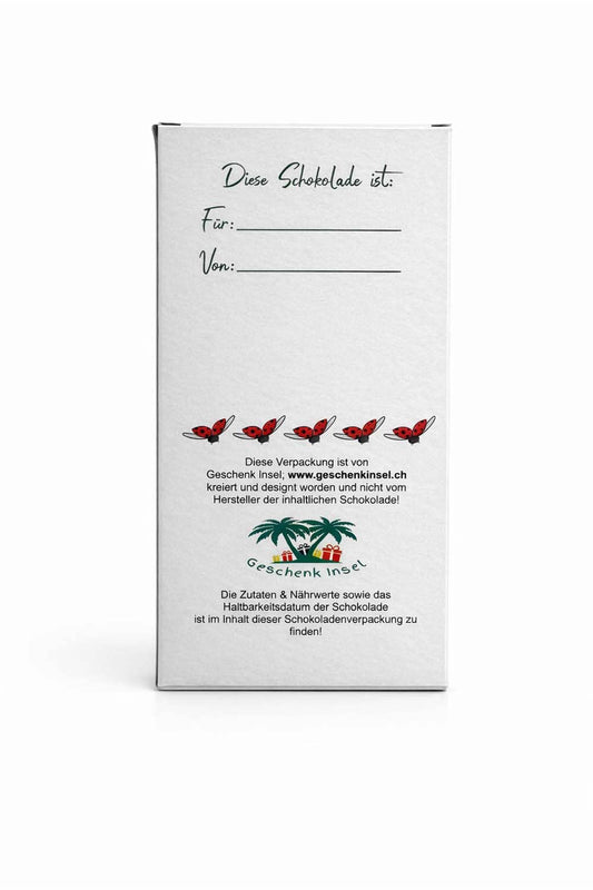 Schokolade mit der Aufschrift: Viel Glueck. Die aufgedruckte Schildkroete haelt einen Strauss voller vierblaettrigen Kleeblaettern in der Hand. Die Gluecksschokolade von geschenkinsel.ch.