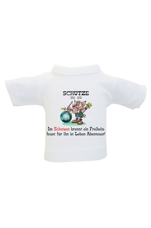 Einfach das Mini T-Shirt um eine Flasche, um ein Geschenk oder Stofftier haengen und fertig ist die originelle Geschenkverpackung. Das Sternzeichen Flaschenshirt mit der Aufschrift: Schuetze 23.11-21.12. Im Schuetzen brennt ein Freiheitsfeuer, fuer Ihn ist Leben Abenteuer!