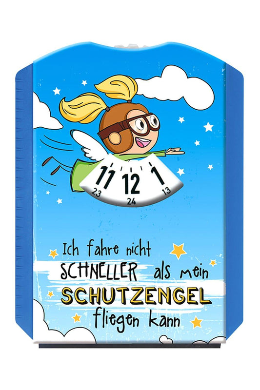 Die spassige Parkscheibe ist mit der Aufschrift: Ich fahre nicht schneller als mein Schutzengel fliegen kann. Die Parkscheibe kann zu dem als Wasserabzieher und Eiskratzer verwendet werden. Ein nuetzliches Geschenk und zugleich Schutzengel fuer alle Autofahrer. 