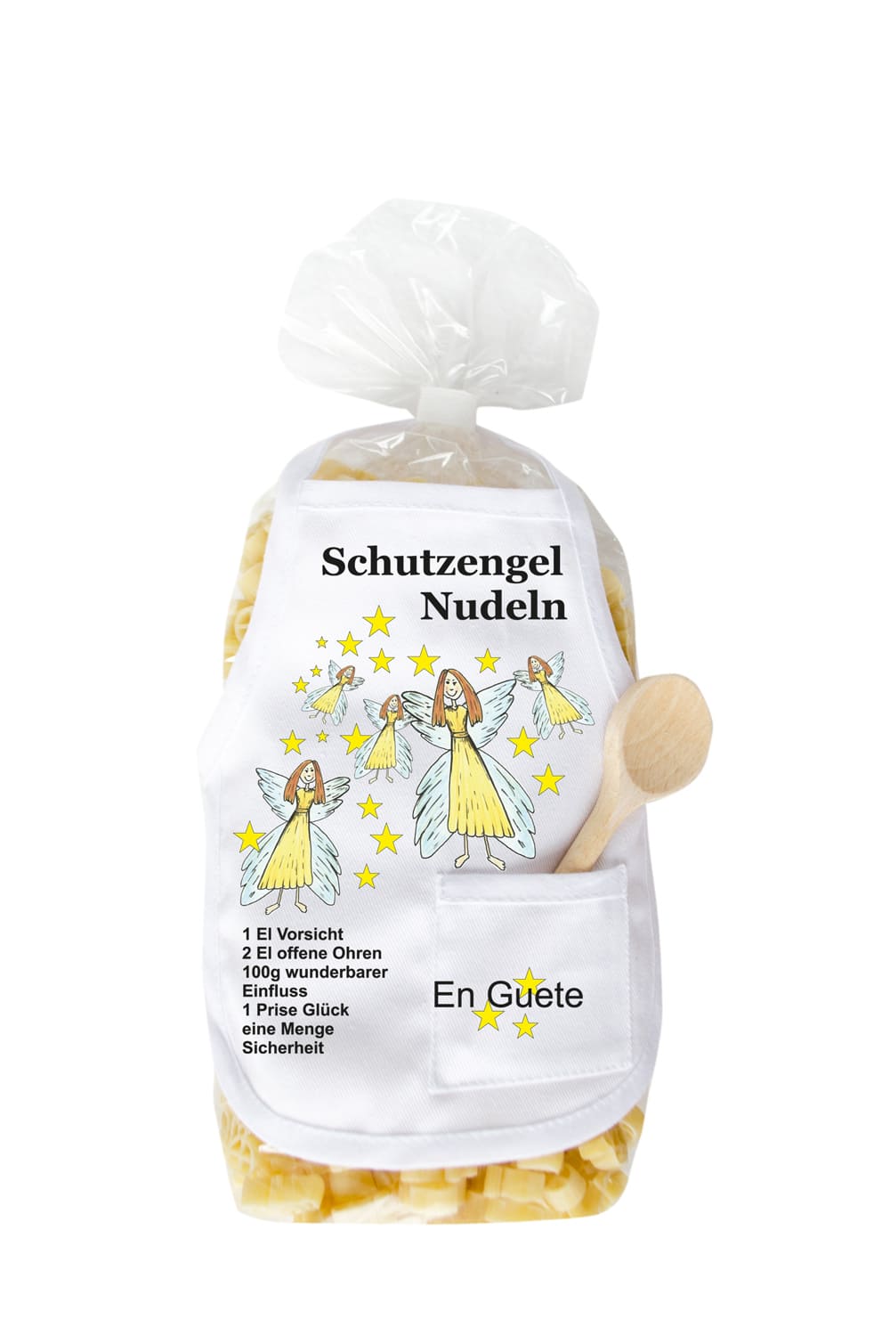 Die Schutzengel Pasta sind mit kleiner Kochschuerze und dem Spruch: Schutzengel Nudeln. Die Engel Motivpasta sind ein ideales Geschenk!