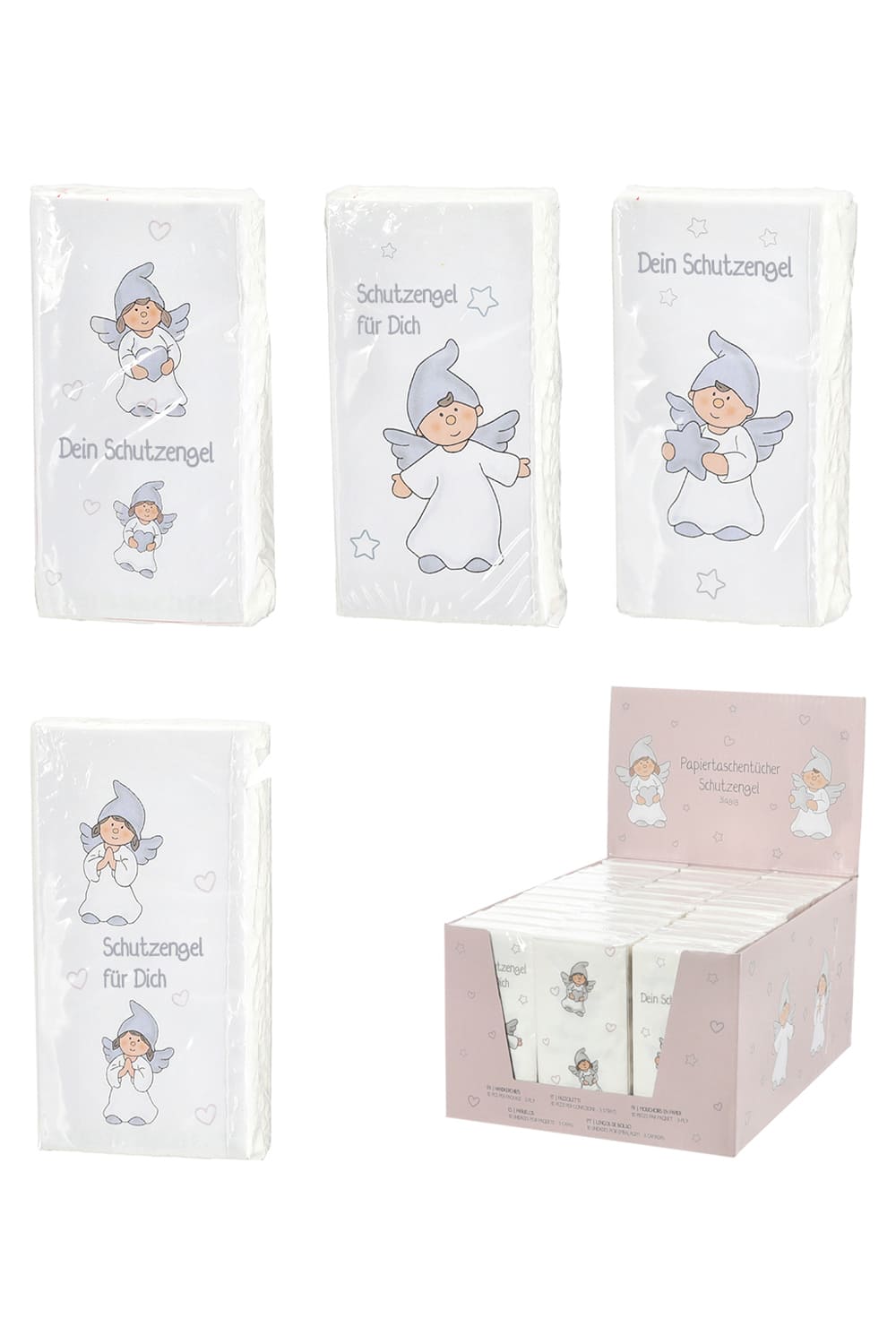 Die Engel Taschentuecher dienen als kleiner Schutzengel. Die beste Begleitung fuer Unterwegs. Preis fuer 4 Stk. (4 diverse Motive).
