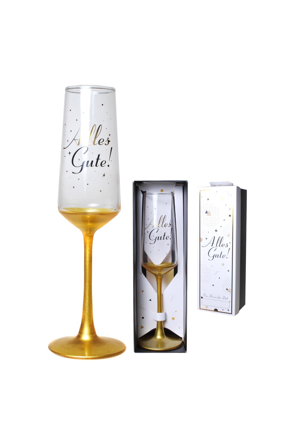Schoenes Sektglas verpackt in einem Geschenkkarton! Das Proseccoglas ist in der Farbe gold und mit der Aufschrift: Alles Gute! Einfach ein kreatives Geschenk!