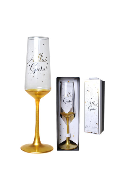Schoenes Sektglas verpackt in einem Geschenkkarton! Das Proseccoglas ist in der Farbe gold und mit der Aufschrift: Alles Gute! Einfach ein kreatives Geschenk!