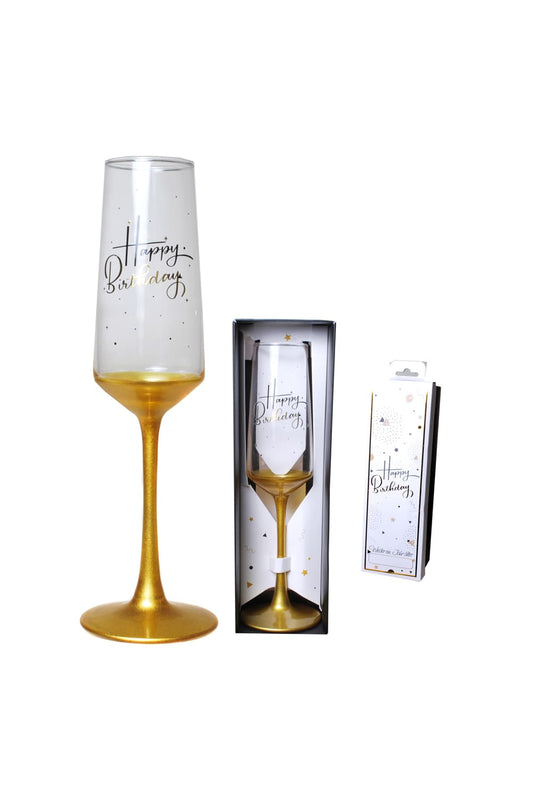 Sektglas verpackt in einem Geschenkkarton! Das Proseccoglas ist in der Farbe gold und mit der Aufschrift: Happy Birthday! Einfach ein kreatives Geschenk!