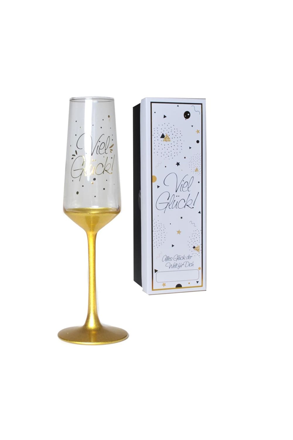 Schoenes Sektglas verpackt in einem Geschenkkarton! Das Proseccoglas ist in der Farbe gold und mit der Aufschrift: Viel Glueck! Einfach ein kreatives Geschenk!