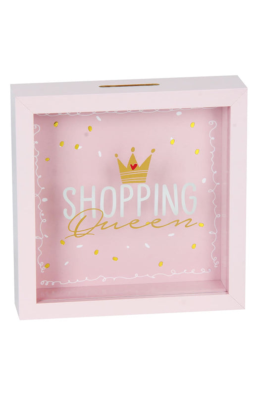 Dieses Shopping Queen Sparkaesseli ist ein ideales Geschenk fuer jede Gelegenheit! Die Holz Sparkasse ist bedruckt mit einer herzigen Krone und der Aufschrift: Shopping Queen. 