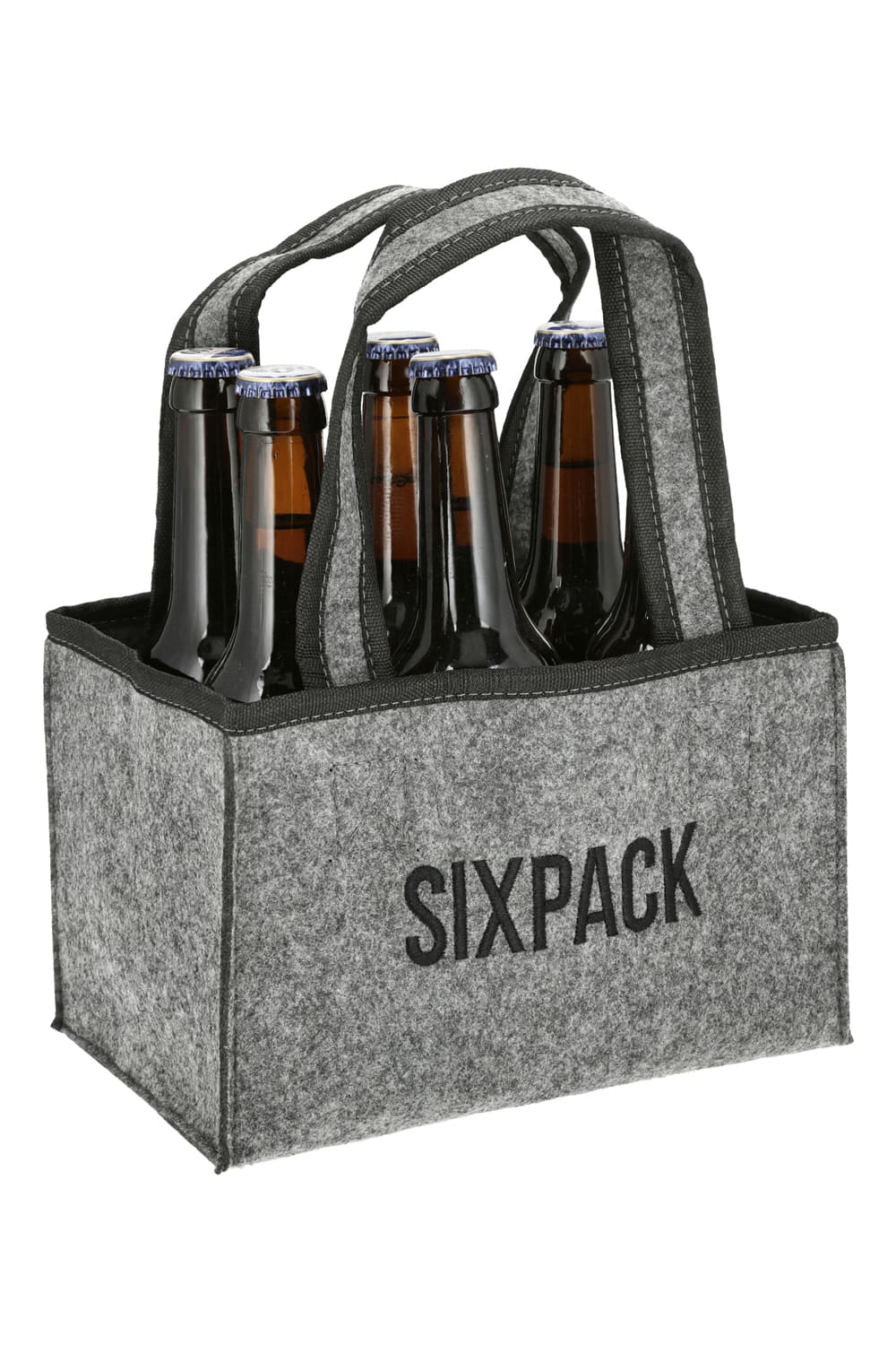 Die witzige Sixpack Flaschentasche hat Platz fuer sechs Flaschen Bier. Die Tasche ist aus grauem Filz und der Schriftzug ist schwarz. Einfach ein kreatives Geschenk fuer alle Bierliebhaber. 