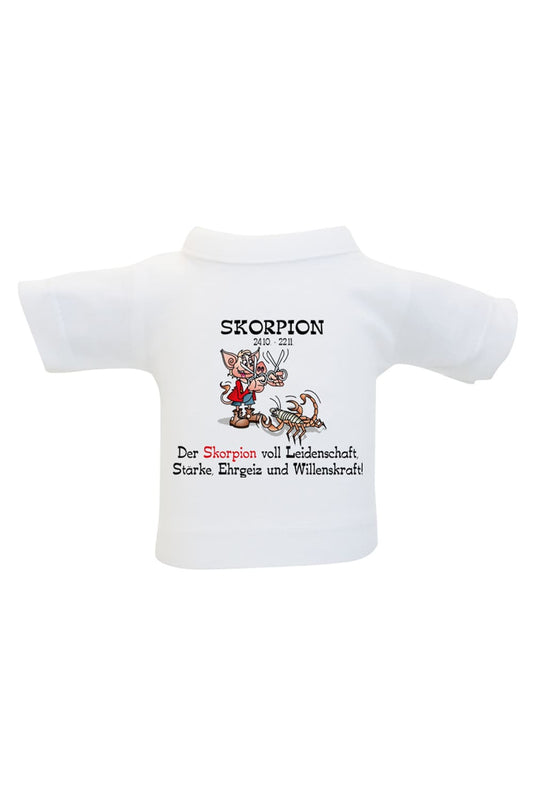 Einfach das Mini T-Shirt um eine Flasche, um ein Geschenk oder Stofftier haengen und fertig ist die originelle Geschenkverpackung. Das Sternzeichen Flaschenshirt mit der Aufschrift: Skorpion 24.10-22.11. Der Skorpion voll Leidenschaft, Staerke, Ehrgeiz und Willenskraft!