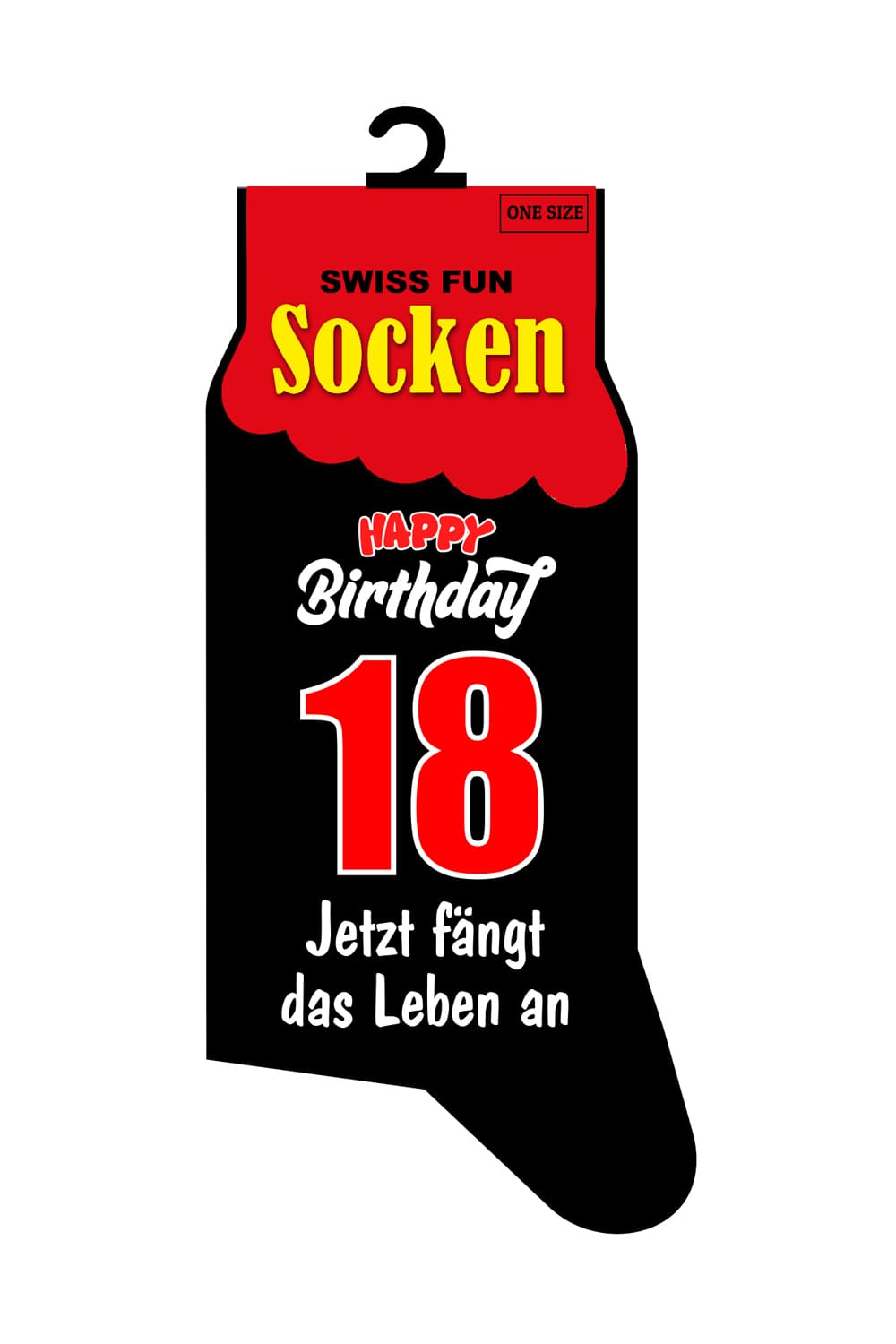 Witzige Spasssocken mit der Zahl 18 und dem Spruch: Happy Birthday. Jetzt faengt das Leben an. Die Spruchsocken sind ein ideales Geschenk zum 18. Geburtstag!