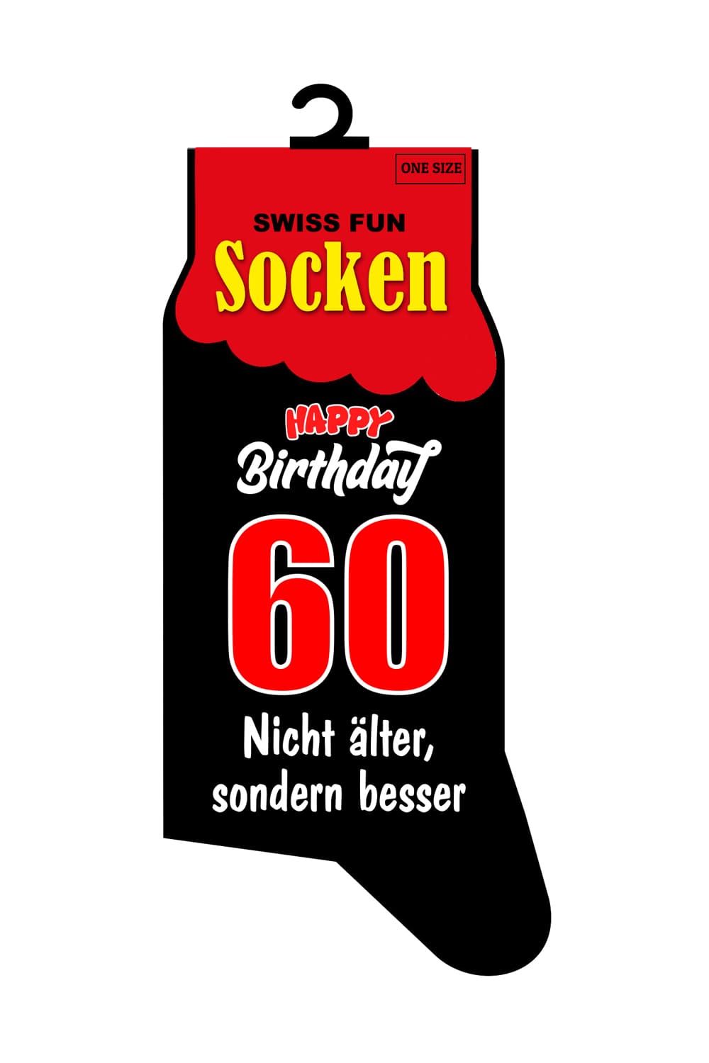 Spasssocken mit dem Spruch: Happy Birthday. 60. Nicht aelter, sondern besser. Diese ultimativen Socken bieten ein originelles Geschenk, dass nicht jeder hat. Die Spasssocken mit der Zahl 60 sind in einer Einheitsgroesse (41 – 46) und fuer Maenner sowie fuer Frauen geeignet. Perfekt zum 60. Geburtstag. 