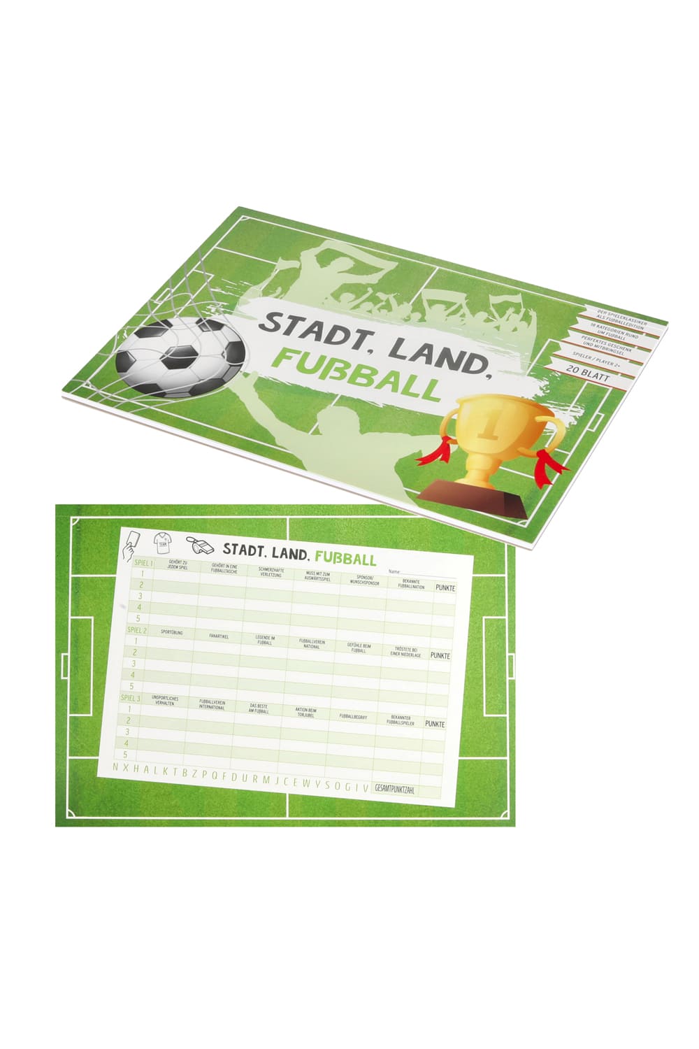 Der Klassiker neu aufgelegt: Aus Stadt, Land, Fluss wird Stadt, Land, Fussball! Witziges Spiel fuer Fussballfans. Der Spielblock fuer gemeinsamen Spielspass!