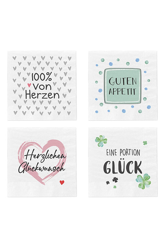 Spruchservietten im 4er-Set! Servietten mit 4 diversen Spruechen / Motive. 100% von Herzen, Guten Appetit, Herzlichen Glueckwunsch und eine Portion Glueck.