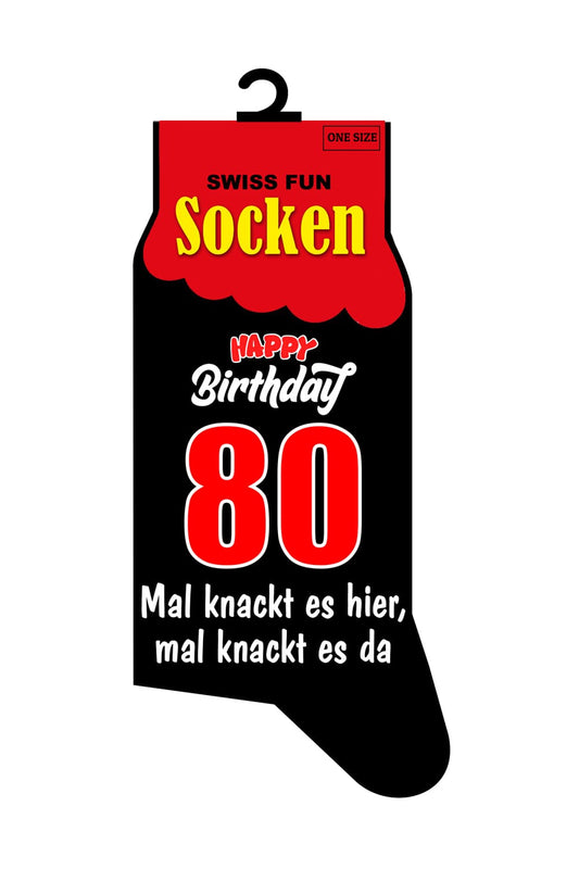 Witzige Spasssocken mit dem Spruch: Happy Birthday. 80. Mal knackt es hier, mal knackt es da. Die Spruchsocken mit der Zahl 80! Geschenk zum 80. Geburtstag.
