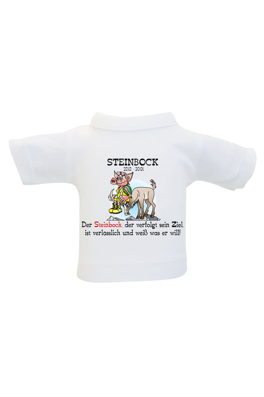 Einfach das Mini T-Shirt um eine Flasche, um ein Geschenk oder Stofftier haengen und fertig ist die originelle Geschenkverpackung. Das Sternzeichen Flaschenshirt mit der Aufschrift: Steinbock 22.12-20.01. Der Steinbock der verfolgt sein Ziel, ist verlaesslich und weiss was er will!