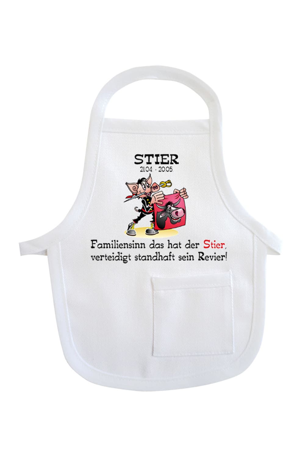 Einfach die Mini-Schuerze um eine Flasche, um ein Geschenk oder Stofftier haengen und fertig ist die originelle Geschenkverpackung. Die Sternzeichen Flaschenschuerze mit der Aufschrift: Stier 21.04-20.05. Familiensinn hat der Stier, verteidigt standhaft sein Revier!