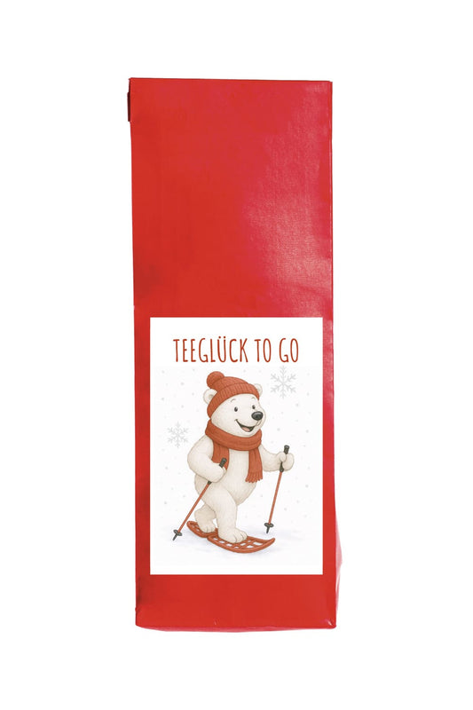 Der leckere Tee aus Fruechten ist im Beutel verpackt. Mit der Aufschrift: Teeglueck to go. Ein ideales Teegeschenk fuer die Adventszeit und Winterzeit.