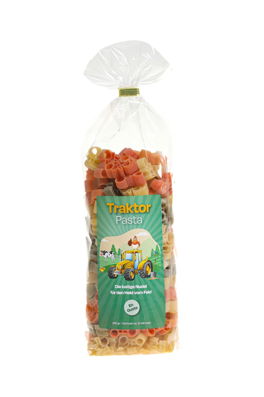 Pastasaeckli mit der Spruchetikette: Traktor Pasta. Die lustige Nudel fuer den Held vom Feld. En Guete. Die Motiv Teigwaren sind in Traktor Form! Ideal fuer Bauer.
