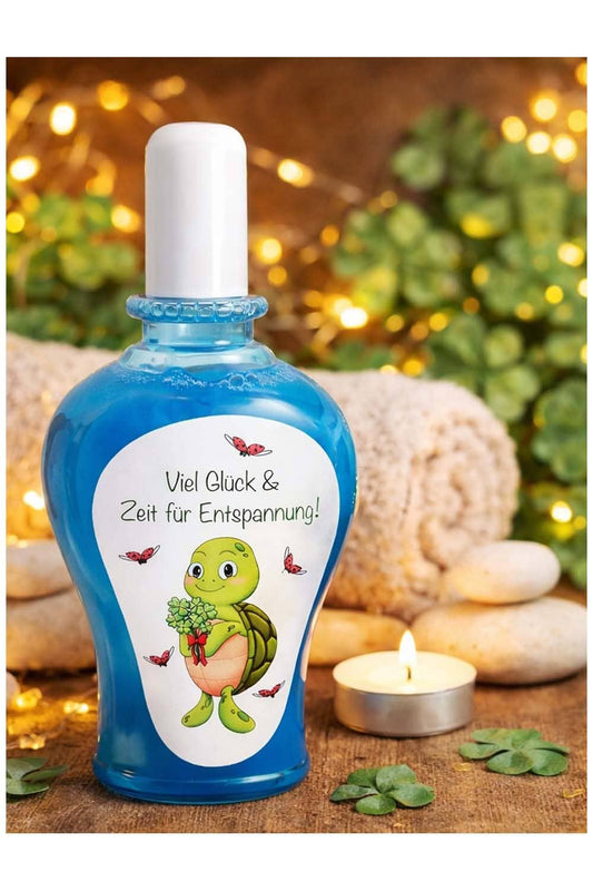 Das Dpruch-Duschgel: Viel Glueck & Zeit für Entspannung. Duschmittel mit niedlicher Schildkroete.