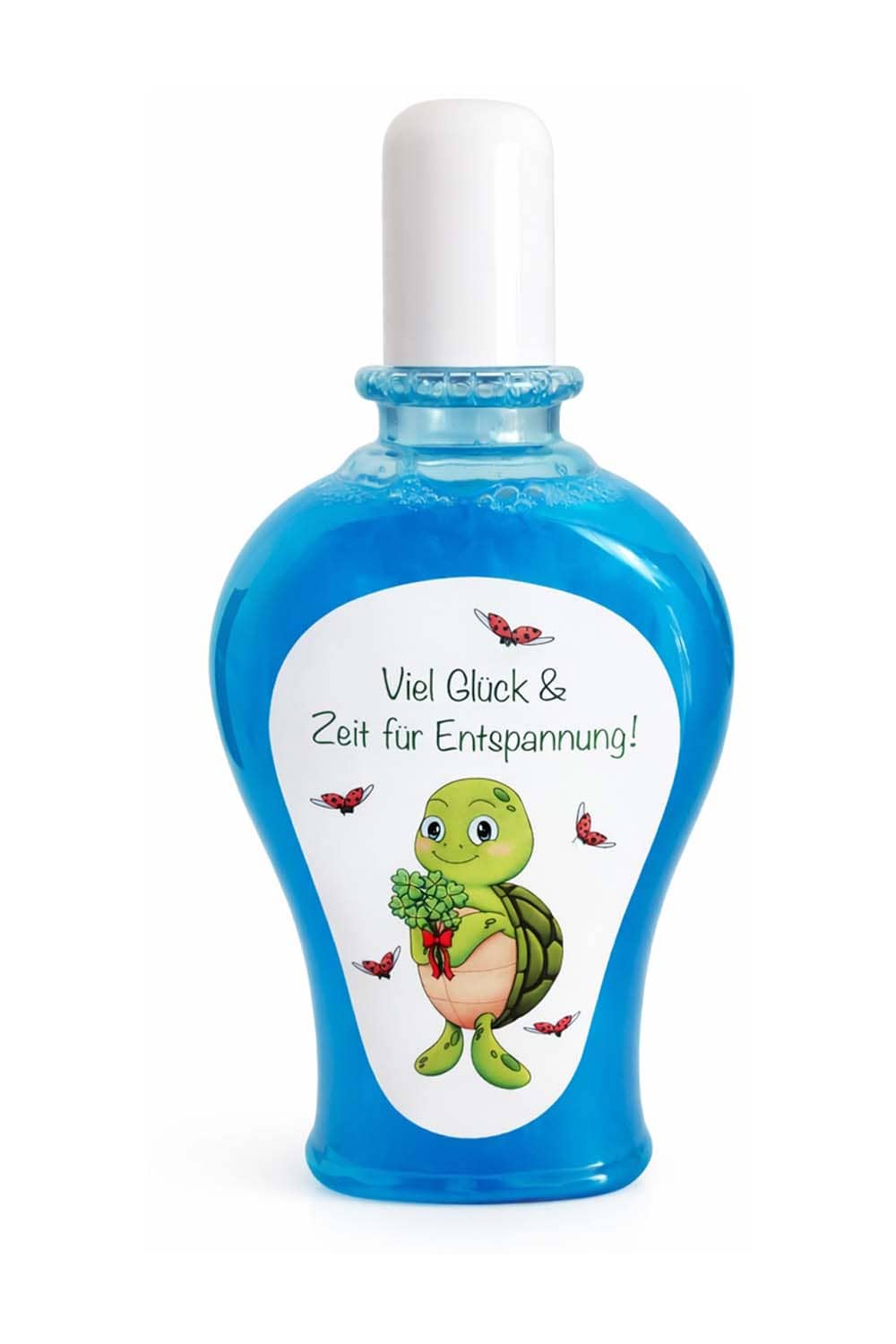 Das Duschgel mit dem Spruch: Viel Glueck & Zeit für Entspannung. Duschmittel mit niedlicher Schildkroete.