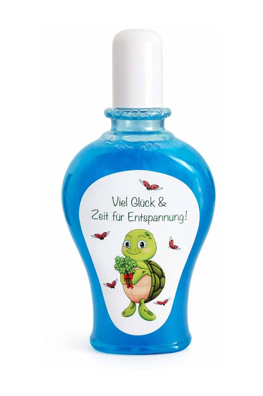 Das Duschgel mit dem Spruch: Viel Glueck & Zeit für Entspannung. Duschmittel mit niedlicher Schildkroete.