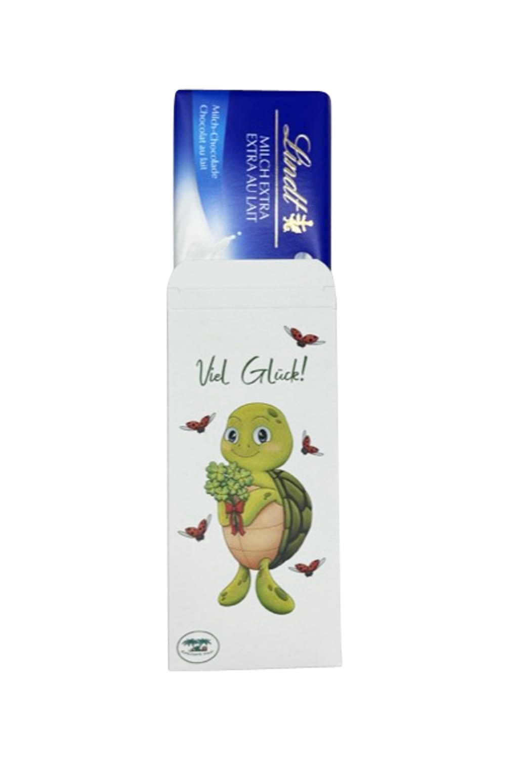 Viel Glück Schokolade mit Schildkröte Lia und Kleeblatt-Strauss, Schweizer Milchschokolade als Geschenkgeschenkinsel.ch.
