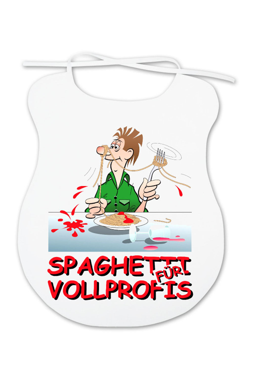 Auf dem Spaghettilatz ist ein witziges Bild aufgedruckt mit einem Mann, der als Vollprofi Spaghetti isst. Der Vollprofi Latz fuer Erwachsene ist aus Baumwolle und ca. 35 x 45 cm gross. Dieses witzige Geschenk oder Mitbringsel eignet sich hervorragend auch als Gutscheingeschenk fuer eine Einladung ins Restaurant. 