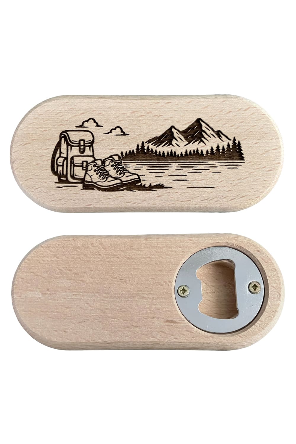 Der Flaschenoeffner aus Holz mit Wander Motiv. Ein ideales Geschenk fuer alle, die gerne wandern! Jetzt online bei geschenkinsel.ch kaufen!