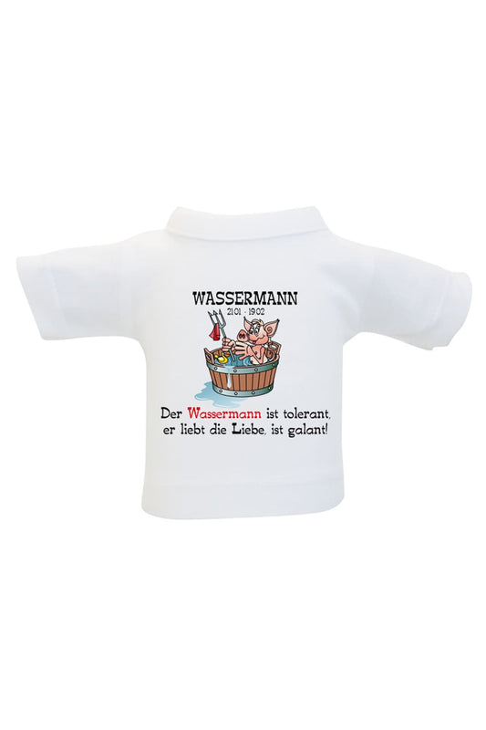 Einfach das Mini T-Shirt um eine Flasche, um ein Geschenk oder Stofftier haengen und fertig ist die originelle Geschenkverpackung. Das Sternzeichen Flaschenshirt mit der Aufschrift: Wassermann 21.01-19.02. Der Wassermann ist tolerant, er liebt die Liebe, ist galant!