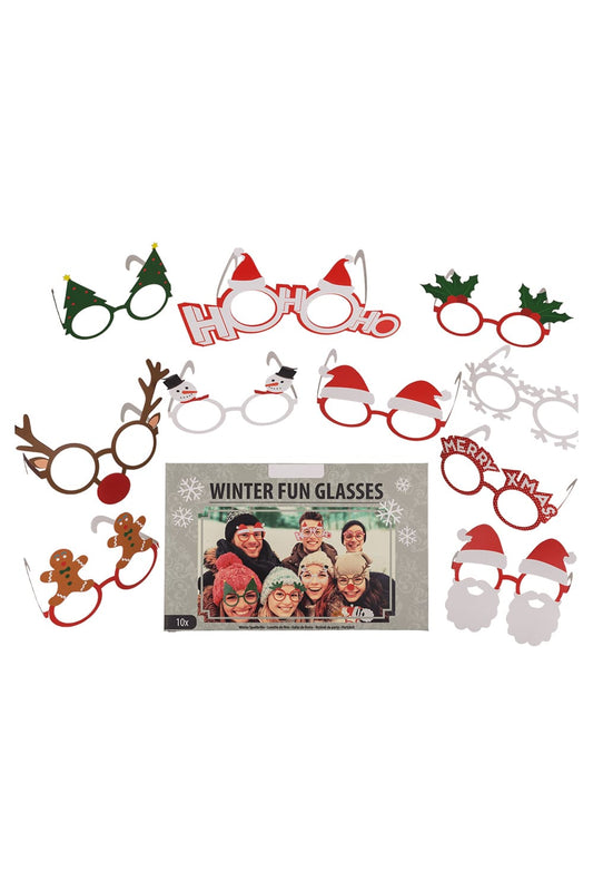 Tolle Winter Spassbrillen. Die Weihnachtsbrillen sind im Set (10 Stk) verpackt in einer Schachtel. Damit es schoen bunt und kreativ wird, sind die Brillen in diversen Designs wie zum Beispiel: Weihnachtsmann, Schneemann, Weihnachtsbaum, Rentiere und Schneeflocke.