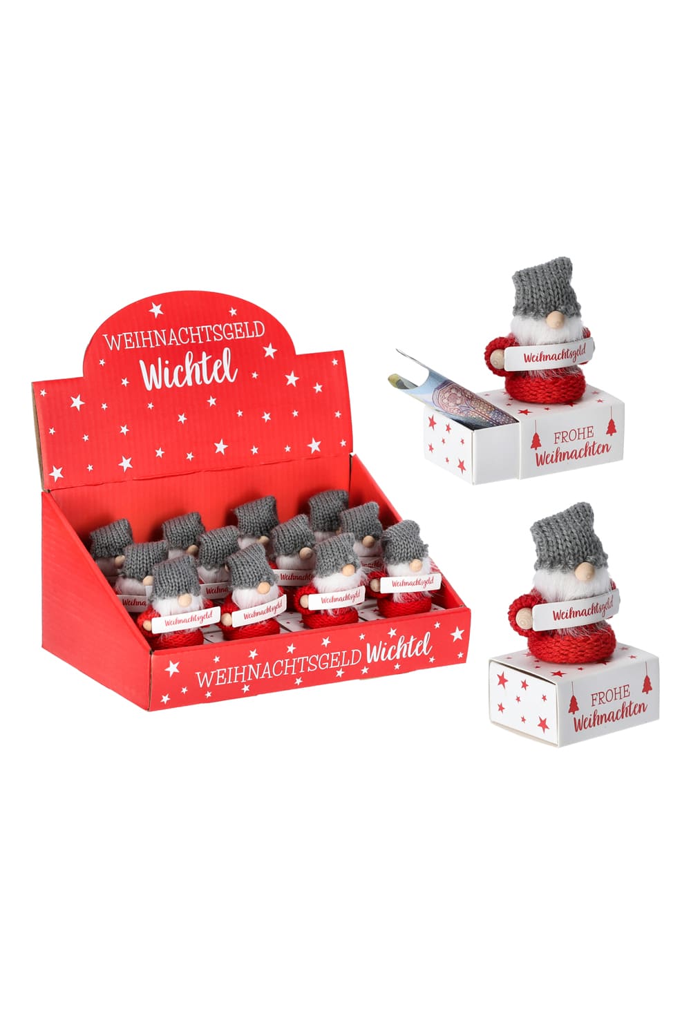 Der Wichtel fuer ein Geldgeschenk zu Weihnachten. Der Wichtel sitzt auf einem Schaechteli und haelt eine Botschaft in der Hand mit der Aufschrift: Weihnachtsgeld. 