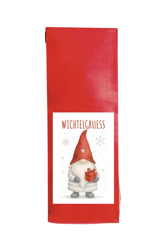 Der leckere Tee aus Fruechten ist im Beutel verpackt. Mit der Aufschrift: Wichtelgruess. Ein ideales Teegeschenk fuer die Adventszeit und Wichtelzeit!