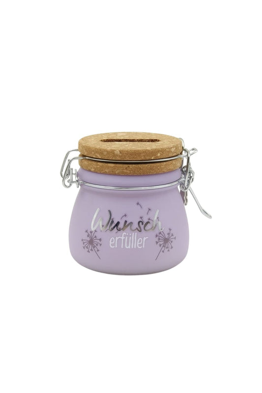Diese kleine Spardose ist aus Glas und Kork sowie mit Vorhaengeschloss und Schluessel. Auf dem Mini Sparglas steht die Aufschrift: Wunscherfueller! 