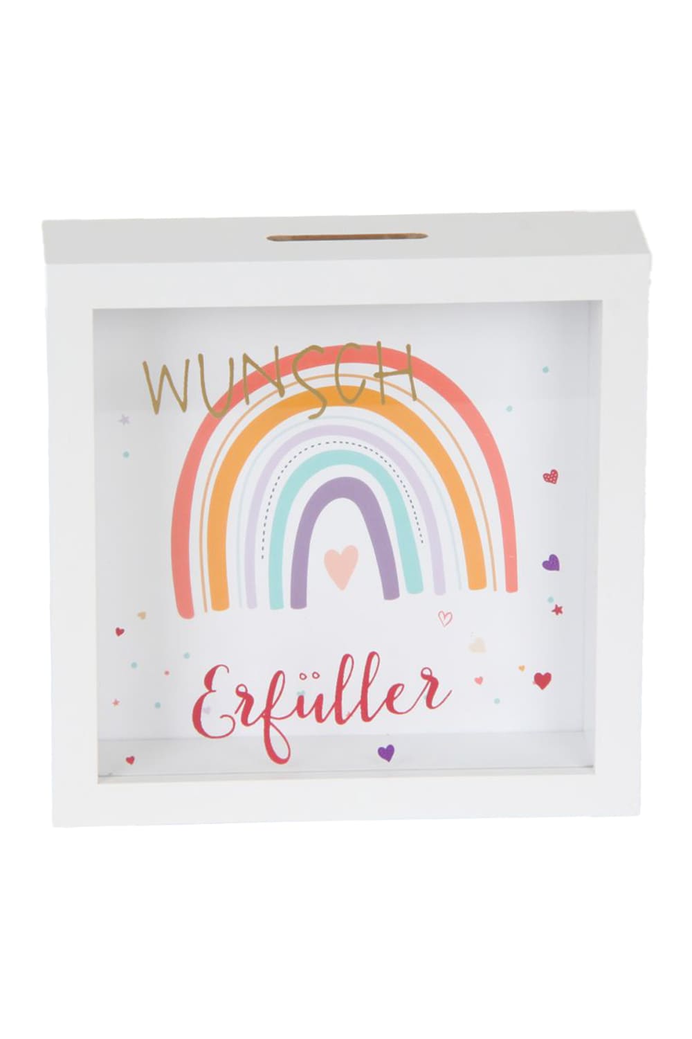 Dieses Sparkaesseli ist ein ideales Geschenk fuer jede Gelegenheit und zu jedem Anlass! Die Holz Sparkasse ist bedruckt mit einem herzigen Regenbogenbild und der Aufschrift: Wunscherfueller. 