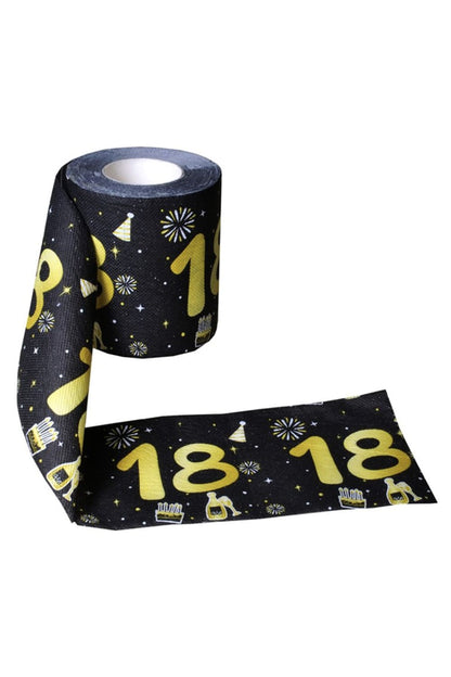 Zahlen WC-Papier 18 mit goldener Zahl und Party-Motiven auf schwarzem Hintergrund fuer den 18. Geburtstag offen. 