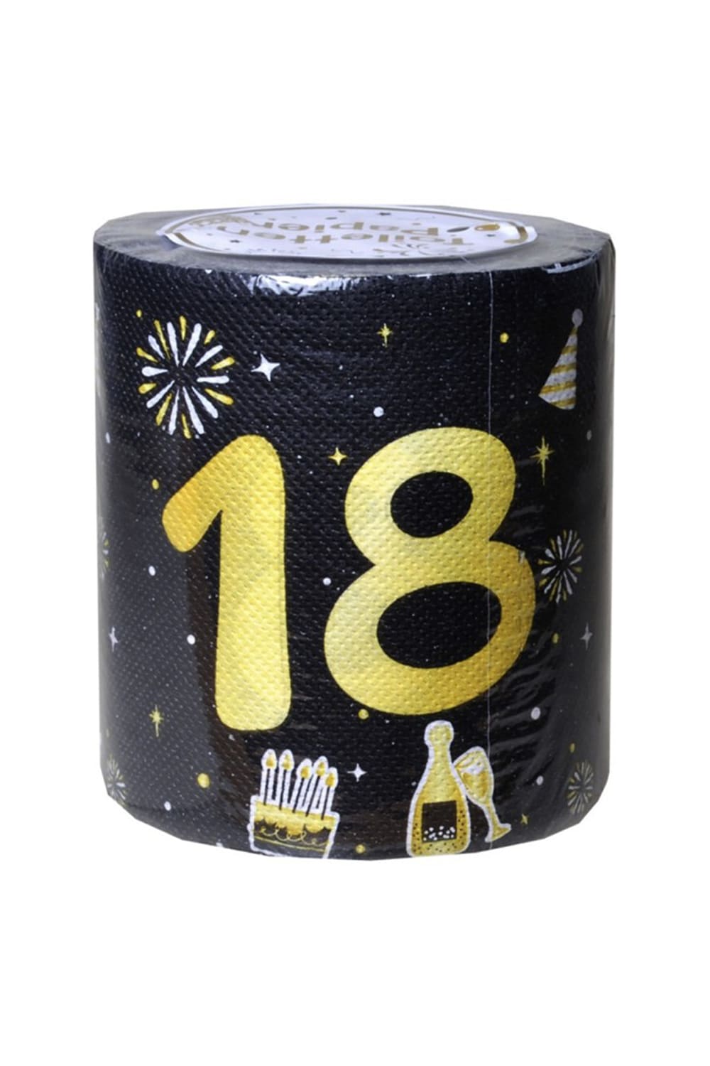Zahlen WC-Papier 18 mit goldener Zahl und Party-Motiven auf schwarzem Hintergrund fuer den 18. Geburtstag