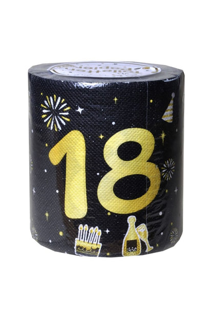 Zahlen WC-Papier 18 mit goldener Zahl und Party-Motiven auf schwarzem Hintergrund fuer den 18. Geburtstag