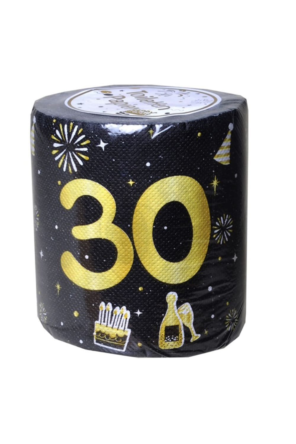 Zahlen WC-Papier 30 mit goldener Zahl und Party-Motiven auf schwarzem Hintergrund fuer den 30. Geburtstag