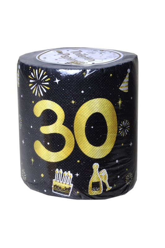 Zahlen WC-Papier 30 mit goldener Zahl und Party-Motiven auf schwarzem Hintergrund fuer den 30. Geburtstag