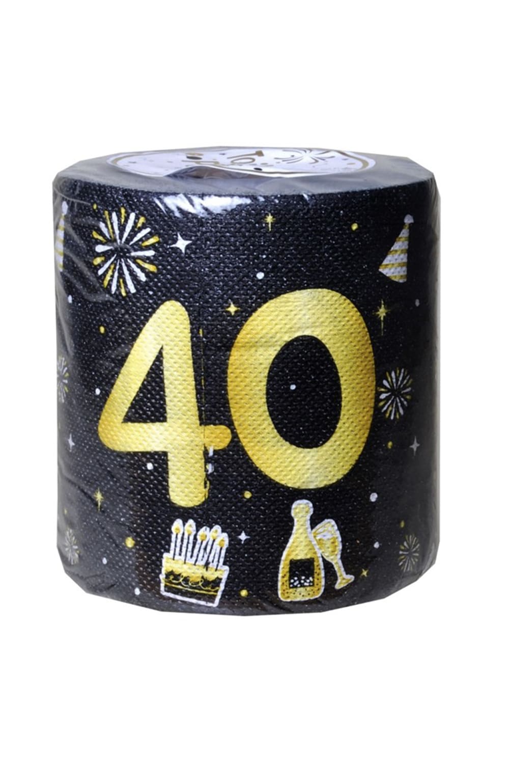 Zahlen WC-Papier 40 mit goldener Zahl und Party-Motiven auf schwarzem Hintergrund fuer den 40. Geburtstag